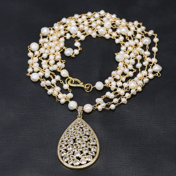 

25" 4 rows white pearl chain necklace cz crystal gold plated connector pendant handmade for lady, Silver
