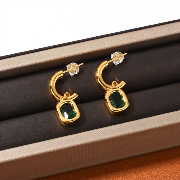 

french geometry green zircon earrings studs trendy retro high grade small crowd design temperament all-match women's jewelry, Golden;silver