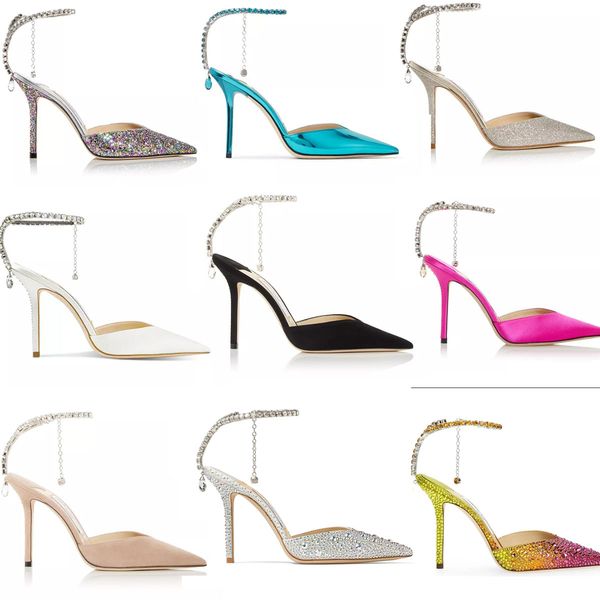 

luxury designer j- women dress shoes brand sandal high heels saeda 100mm/85mm heeled wedding party pumps strass strap suede pointy toe 35-43, Black