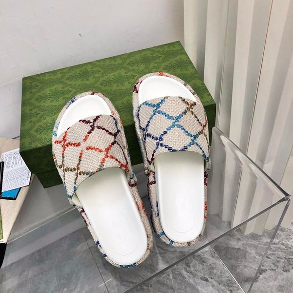 

2022 new fashion women designer sandals platform slide sandal beach slippers multicolor canvas linen fabric printing slipper outdoor party c, Black