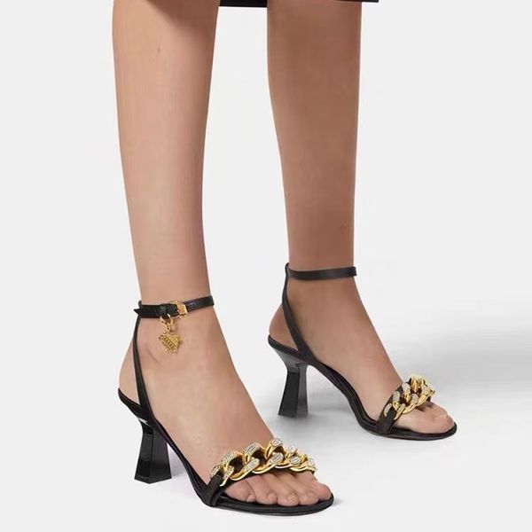 

fashion thick heel womens sandals luxury designer slim square head high heel shoes satin metal chain sandal casual banquet wedding crystal d, Black