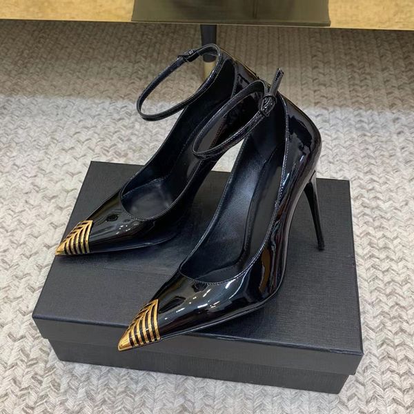 

high heel shoes iron head metal decoration pointed thin formal luxury designer ankle band lacquered leather dinner party black 9cm factory d