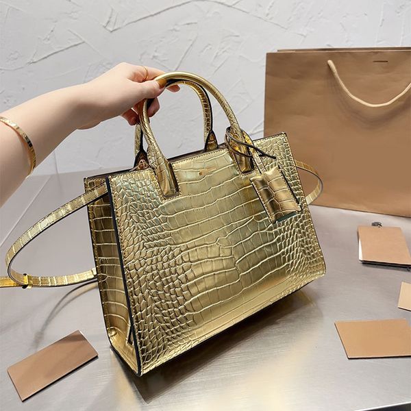 

crocodile pattern large capacity tote bag women shopping bags handbag fashion letter hardware genuine leather removable leather strap plain
