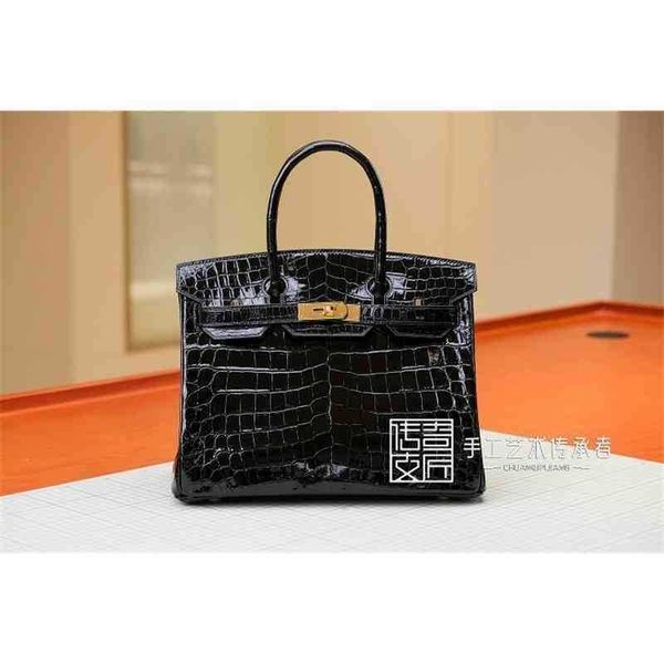 

handbags crocodile skin herme birkins french craftsmen hand sew 2022 new women's bag platinum leather black 30cm gold buckle handbag zc