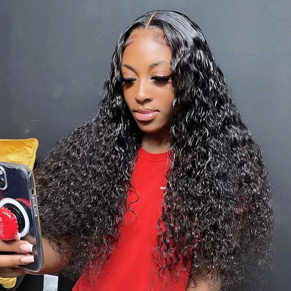 

lace wigs water wave front human hair for black women 30 inch t part curly deep frontal 221216, Black;brown
