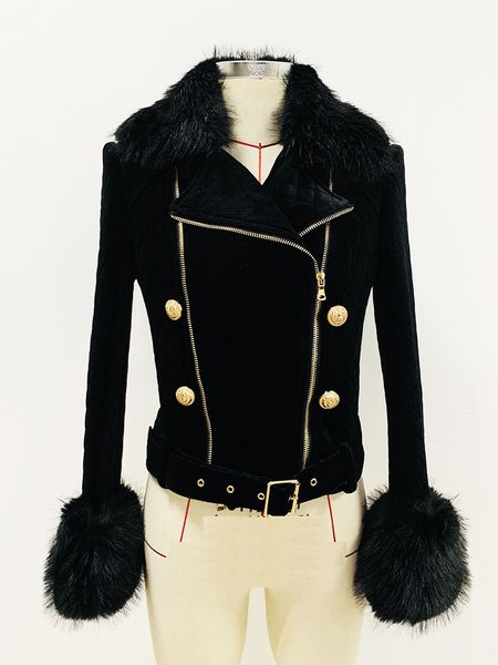 

new style women's motorcycle jacket simulated fox fur removable collar metal buckle golden velvet double zipper short coat outwear fit, White;black