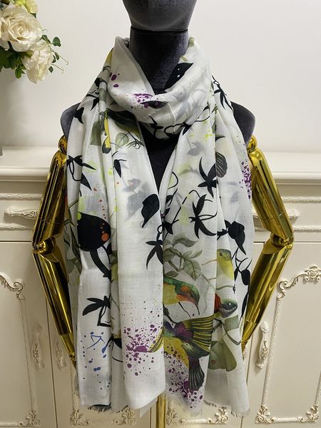 

women's long scarf shawl pashmina 100% cashmere material thin and soft white print flowers bird pattern big size 190cm -130cm, Blue;gray