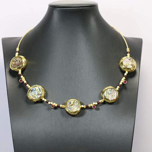 

natural paua abalone shell gold plated beads garnet red cz charms chokers necklace simple jewelry gifts for women, Silver