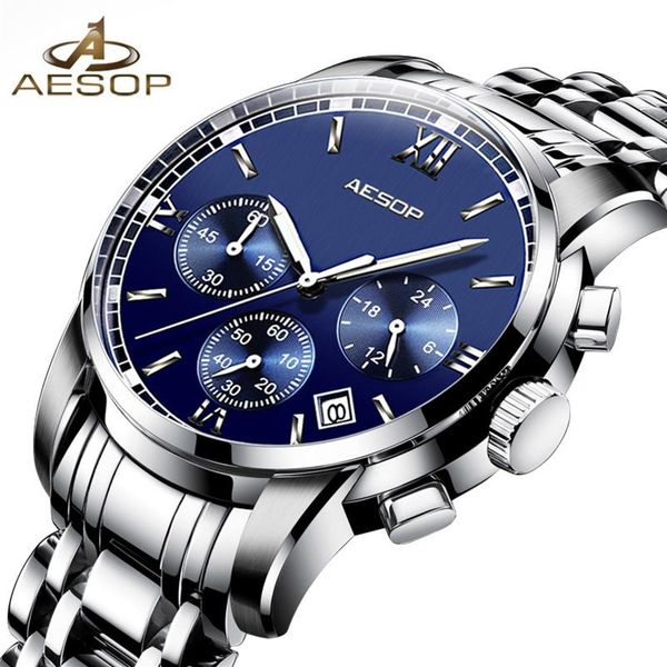 

aesop man sport watch men sapphire men's quartz wrist watches date stainless steel male clock blue waterproof relogio masculi242m, Slivery;brown