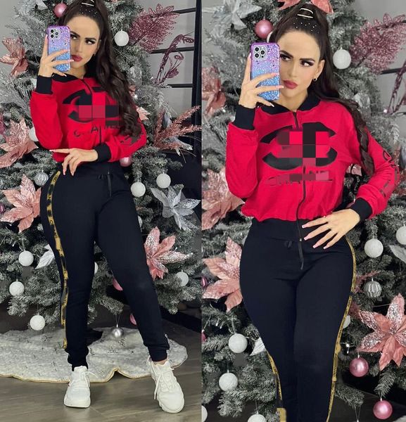 

2023 spring two piece pants tracksuit women outfits casual printed zipper jacket and sweatpants sets ship, White