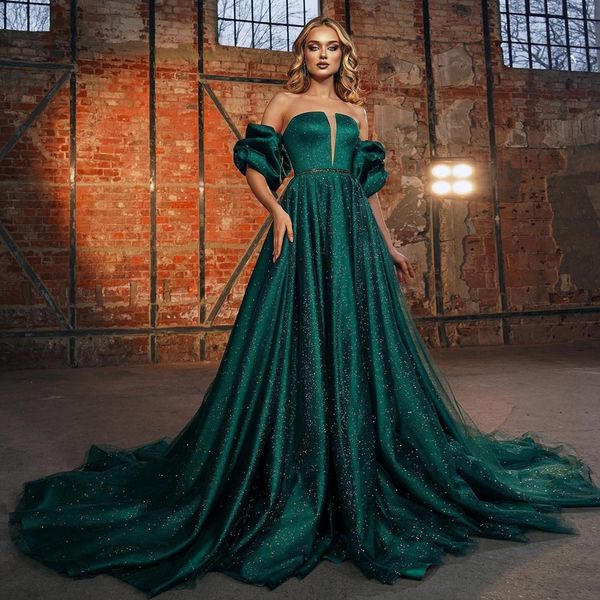 

sparkly short sleeves prom dresses plunging neckline a line evening gowns sweep train tulle special occasion formal wear, Black