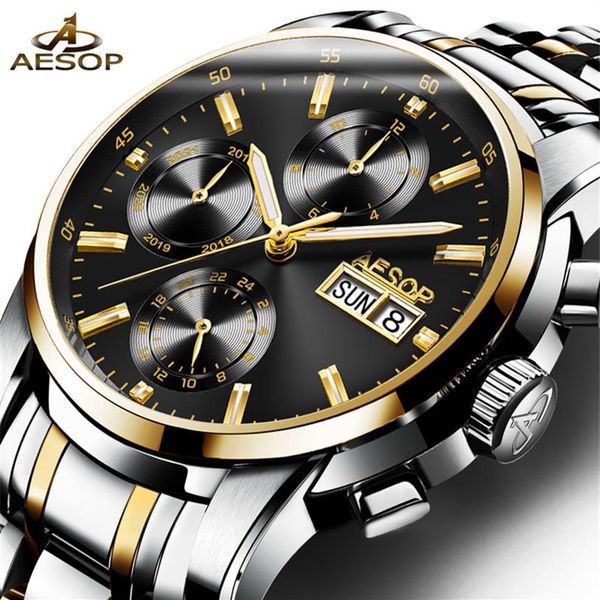 

aesop luxury automatic mechanical watch mens watches brand luxury full steel waterproof sport watch relogio masculino192b, Slivery;brown