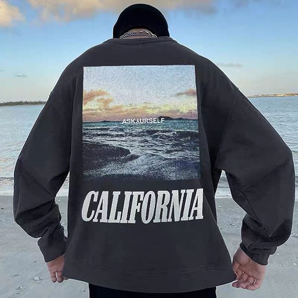 

men's pullovers askyurself california print crew neck sweatshirt man plus size pullover women's vintage sweater men oversize sweat, Black