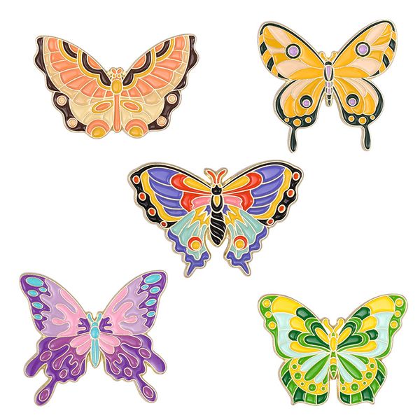 

cartoon fashion butterfly brooches set 5pcs gold plated alloy pin animal enamel paint colorful badges creative insect women jewelry gift bag, Gray