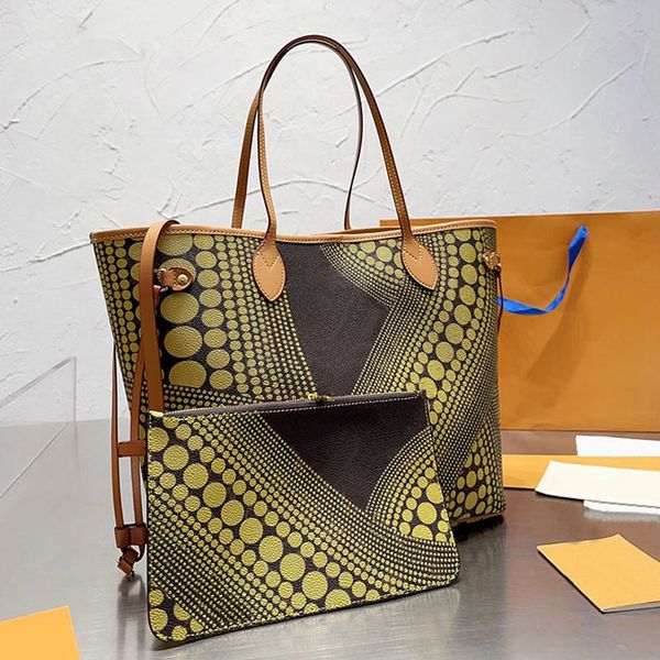 

lrage-capacity tote shopping bag dot pattern old flower letters removable zipper pouch leather strap gold hardware women handbag purse