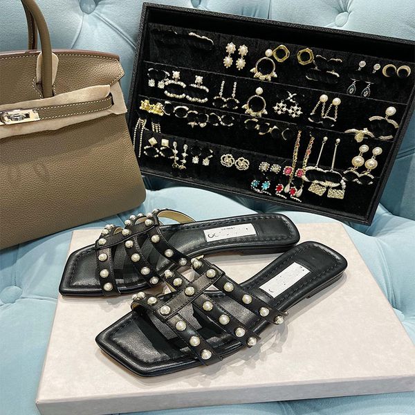 

2023 new lambskin pearl studded slippers with black and white size 35-39