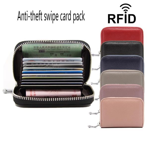 

layer cow-leather organ bag rfid anti-theft female card clip man card bag multi-function zipper pocket301v, Brown;gray