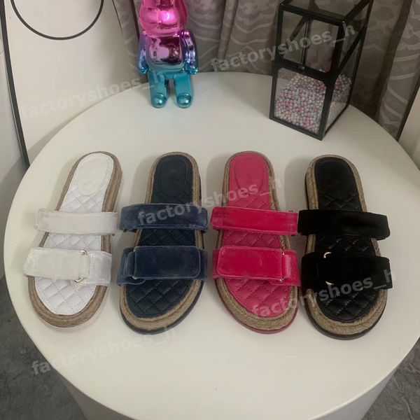 

designer women sandals velvet slippers straw platform slipper ladies genuine leather slides classic summer beach flip flops hook and loop fa, Black