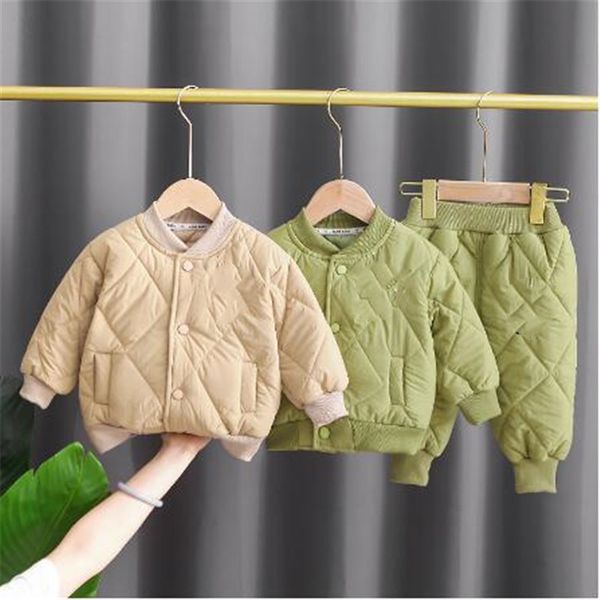 

boys' cotton coat sets winter thickened warm children's fashion designer boys cotton jacket pants 2pcs casual suit baby clothes, White