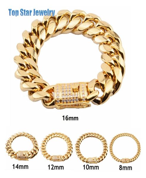 

8mm10mm12mm14mm16mm18mm stainless steel bracelets 18k gold plated high polished miami cuban link men punk chain cubic zirconi4942161, Black