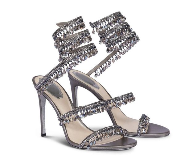 

luxury designer women's sandal wedding bride high heels chandelier nude satin sandals snake strap sandals renes super gift with box, Black