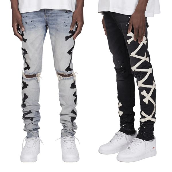 

men's jeans 2022 men casual jean coated straight pleated biker jeans male denim pants hombre bone printing paint dot elasticity, Blue
