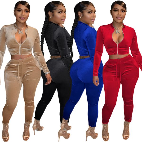 

wholesale golden velvet tracksuits women two piece set fall winter clothes sweatsuits long sleeve jacket and pants matching sets casual velo, Gray