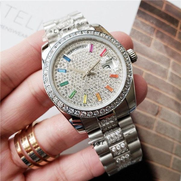 

2023 u1 grade aaa luxury automatic mechanical watch scratch resistant sapphire 36mm pave dial waterproof white diamonds set president wristw, Slivery;brown