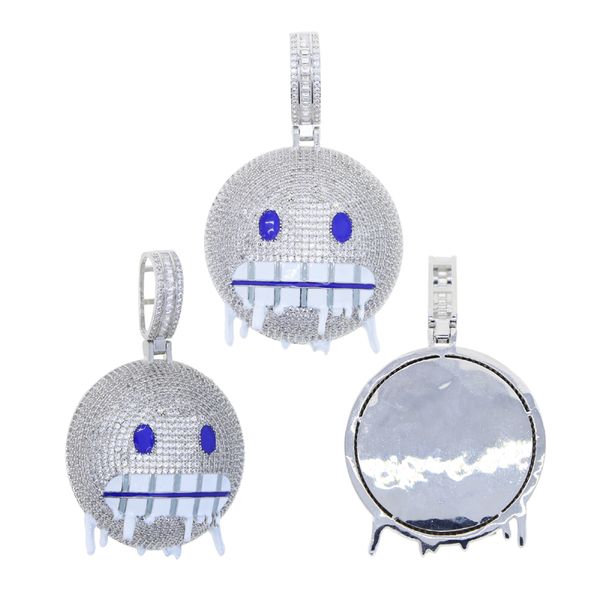 

iced out ice face pendant necklace paved full white blue cz stone with rope chain for women men big smile snow hip hop jewelry drop ship, Silver