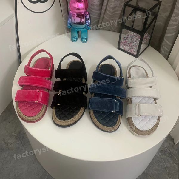 

designer sandals women velvet sandal straw platform slippers ladies genuine leather slipper classic summer beach sandal hook and loop fasten, Black