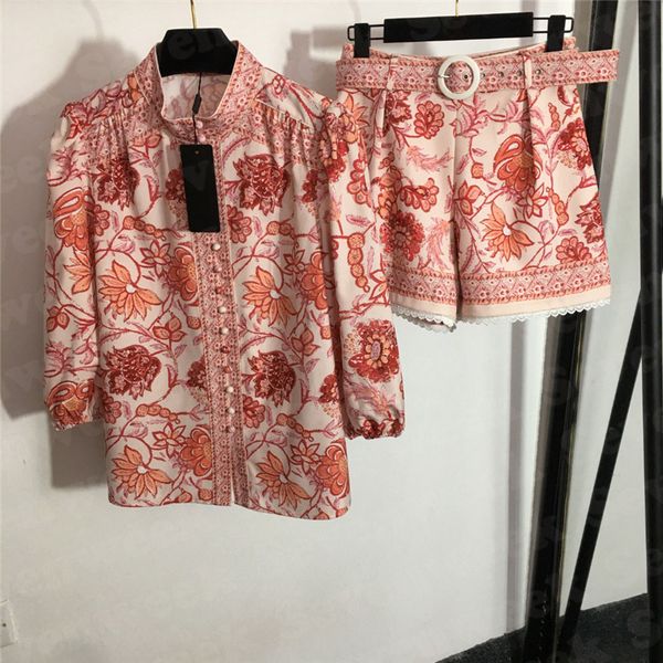 

floral print t shirts tees belt shorts sets for womens vintage fashion ladies puff sleeve pullover pants two piece suits, White