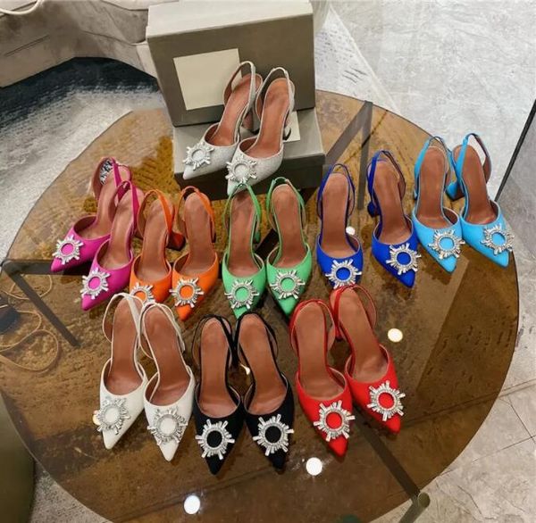 

amina muaddi dress shoes sandals satin pointed slingbacks bowtie pumps crystal-sunflower high heeled shoe10cm women's luxury designer p, Black