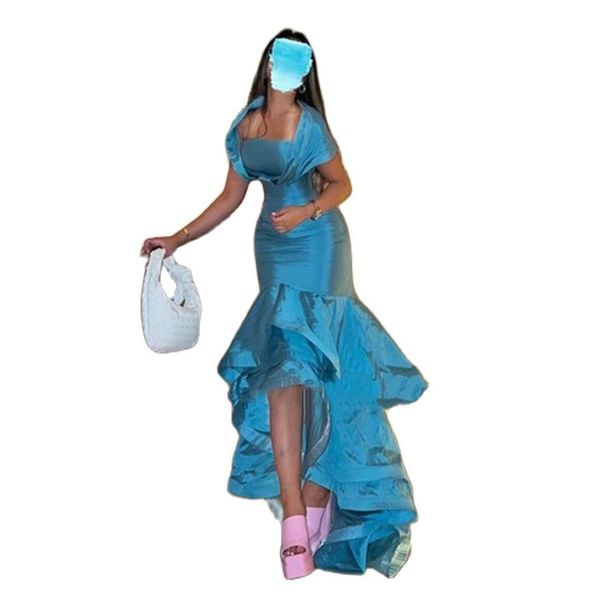 

saudi arabia prom dresses women wear taffeta mermaid tiered high low evening gowns wraps strapless zipper back, Black