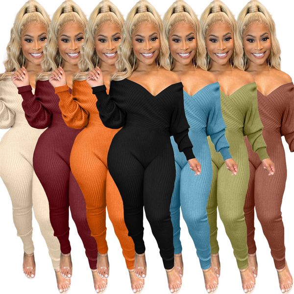 

bulk knitted ribbed jumpsuits women long sleeve rompers fall winter clothes v neck bodycon jumpsuits casual solid overalls knit jumpers legg, Black;white