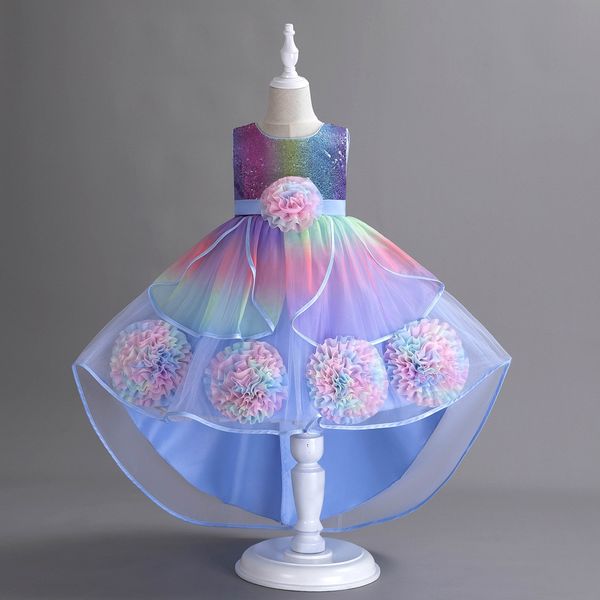 

colorful flower girl dresses hand made flowers tulle little girls wedding luxurious communion rainbow pageant dress gowns, White;blue