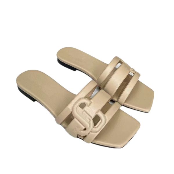 

23 new style square head leather embossed flat slippers fashion hollow letter sandals high end calf leather upper classic comfortable women&, Black