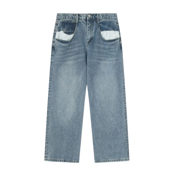 

maison straight loose fit denim jeans low waist leisure tousers vintage pants big tall man wide legs trousers retro high street overalls ove, Blue