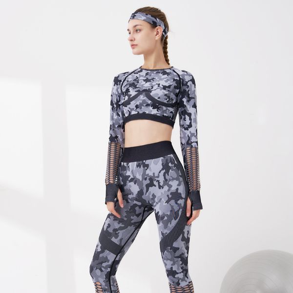 

womens leggings suits camouflage yoga outfits design tracksuit long sleeve midriff-baring 2 piece buttock lift elastic force sport wear gym, Black