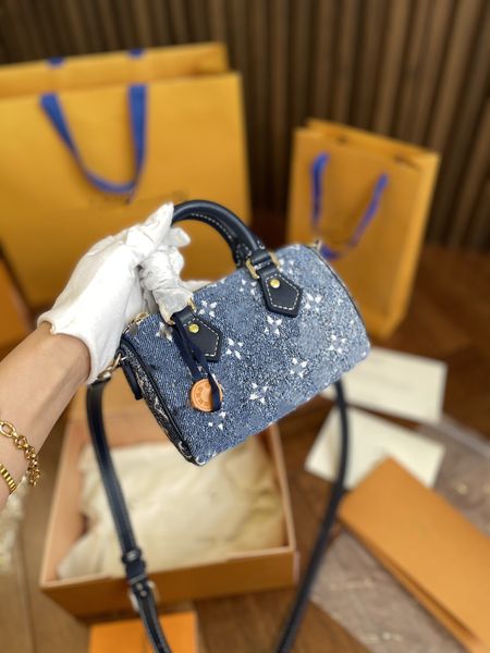 

cc series nano speedy 16cm boston pillow bag women denim genuine leather retiro crossbody shoulder totes bandouliere mini purse monograms ha