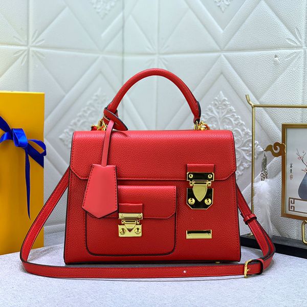 

solid handbag trapezoid shape totes bag grained leather shoulder crossbody bags fashion letter s-lock golden hardware flap totes mini extern