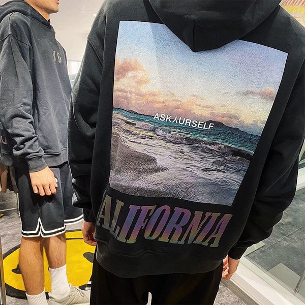 

askyurself california reflection print men's hoodie man sweatshirts hoodies loose oversize hooded plus size sweatshirt heavy cotton thi, Black
