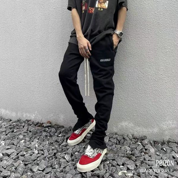 

askyurself embroidery letter zipper trouser stacked men's pants french terry heavy cotton sweatpant loose fit sweat trousers joggers ju, Black