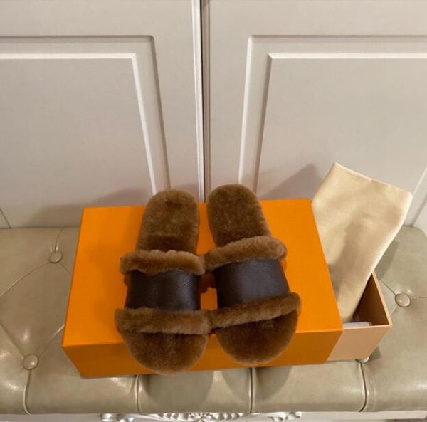 

luxurys designers women ladies wool slippers slides genuine leather fur fluffy furry letters sandals fuzzy girl flip flop slide with box, Black