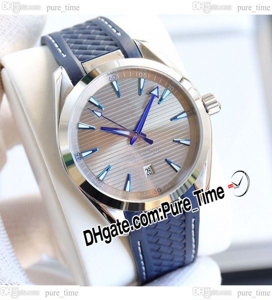 

41mm aqua terra 150m a8500 automatic mens watch 220.12.41.21.06.001 gray texture dial blue stick markers steel case blue rubber strap watche, Slivery;brown