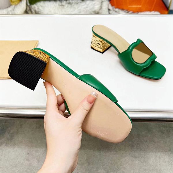 

fashion women's chunky heel slippers summer new designer leather office sandals party gold shoes 6cm 35-44, Black