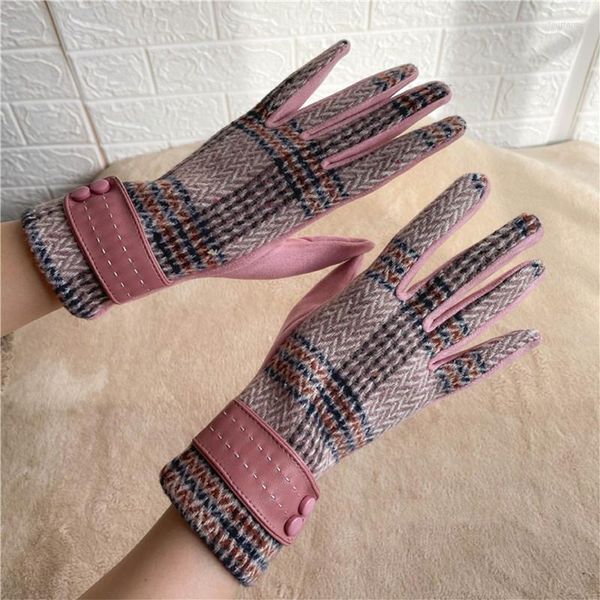 

five fingers gloves women' leather buckle button plaid finger autumn winter warm fleece suede cycling cashmere s2932, Blue;gray
