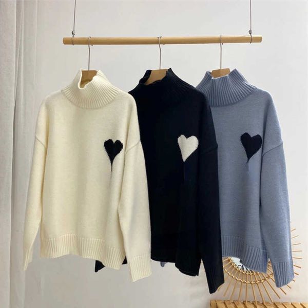 

designer knitted sweater love embroidery pullover mens womens high-necked knittedshirt couple loose sweaters, White;black