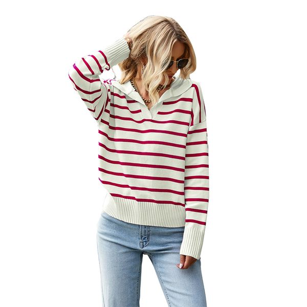 

women sweater stripe print loose style outerwear warm knit, White;black