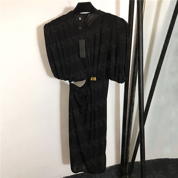

hollow waist dresses for women design pleated shoulder casual party skirts wrap hip slim dress thin breathable, Black;gray