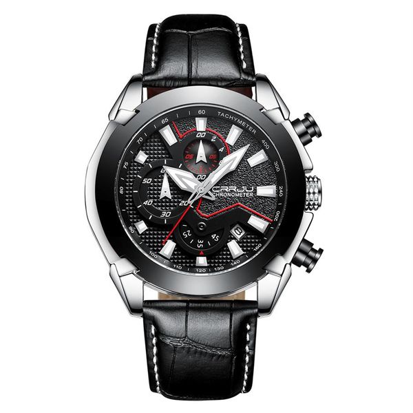 

2020 relogio masculino crrju men's black dial watch military date quartz watches with leather belt mens luxury waterproof spo251j, Slivery;brown